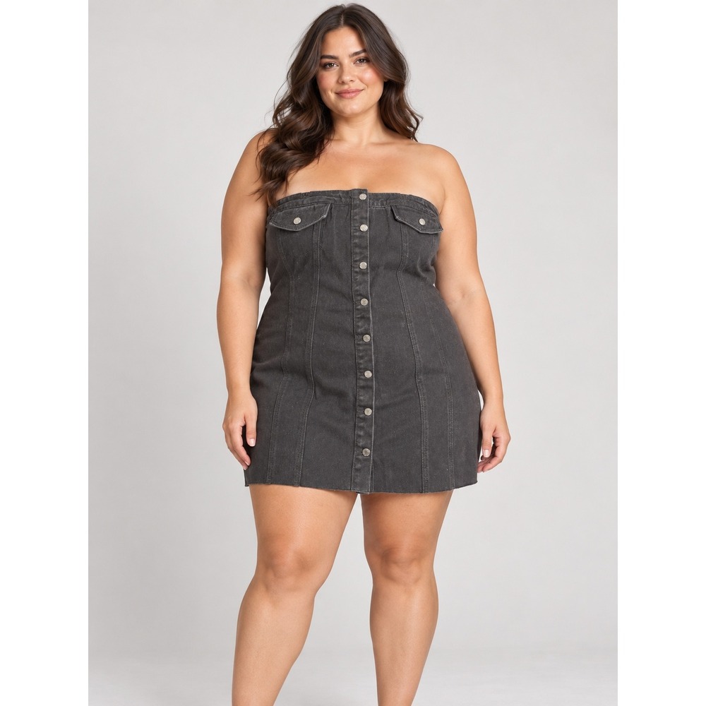 PrettyLittleThing Plus Black Denim Corset Button Up Bodycon Dress US 22 CNB9081
